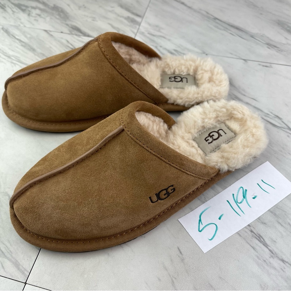 •UGG Women's Size 5 Pearle Tan Suede Wool Fur Slippers 1115139 Slides Slip-on
